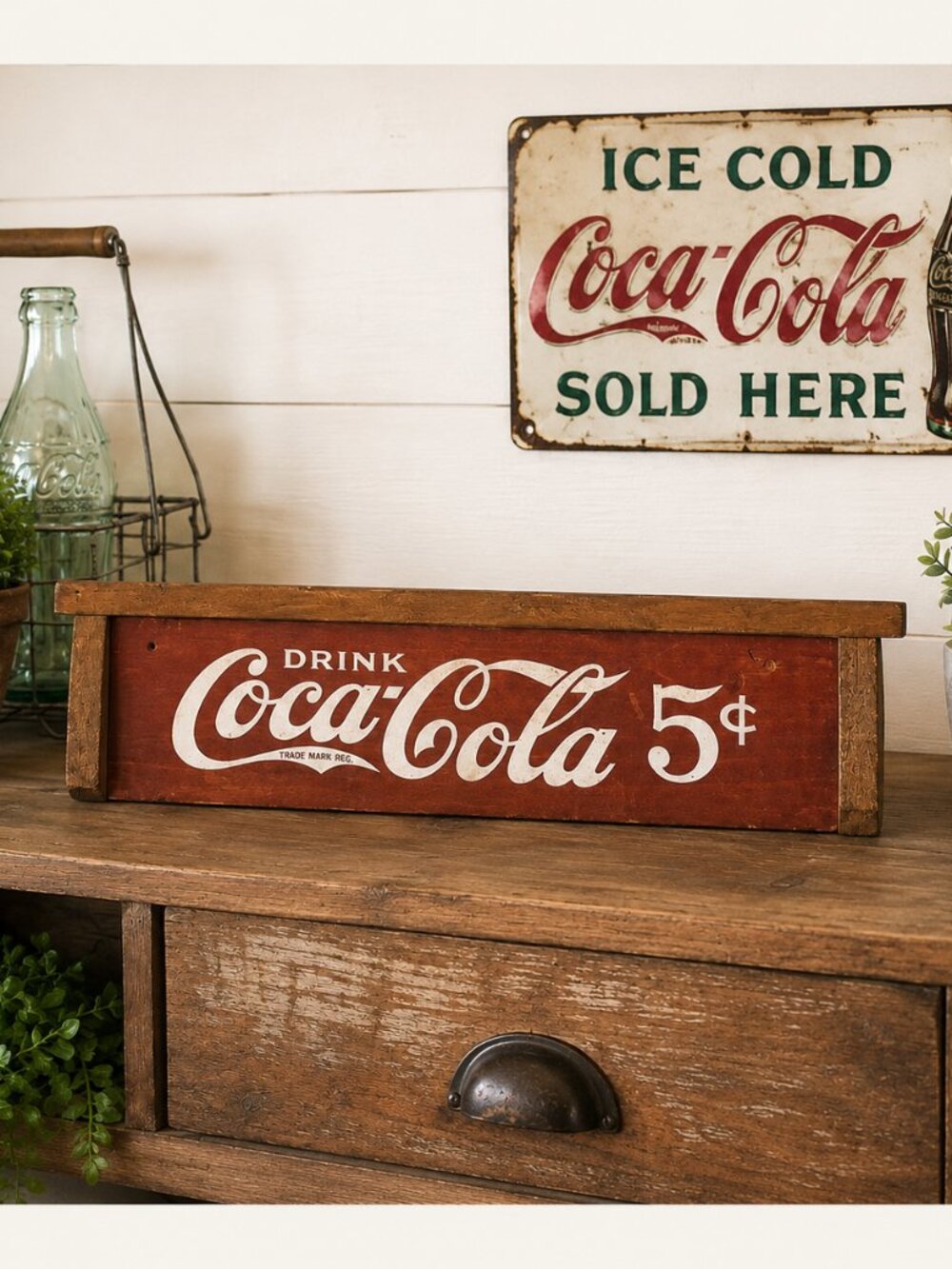 Vintage Coca-Cola 5¢ Wooden Shelf / Wall Sign